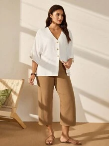 EMERY ROSE 大尺碼春夏休閒度假質感釦領寬鬆襯衫