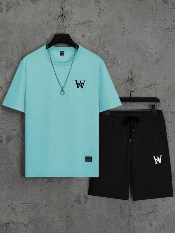 Manfinity Homme 2pcs Men's Letter Print Crew Neck Short Sleeve Casual T-Shirt And Drawstring Waist Shorts Set Mens 2 Piece Summer Set Mens Shorts And T-Shirt Set 2 Piece Set Mens Outfit Mens Casual Summer Outfit Mens Graphic Set