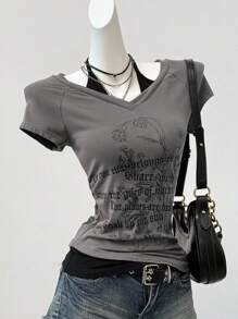 SHEIN EZwear Ancora Design 女款红黑拼色针织 T 恤 - 灰色 - 查看 6