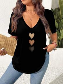 SHEIN Frenchy Plus Size Women's Black V-Neck T-Shirt With Colorful Heart Print Pattern, Summer Casual Resort Suitable For Going Out Heart Shirt V Neck Tops V Neck Blouses For Women Cute Short Sleeve Tops V Cut Top
