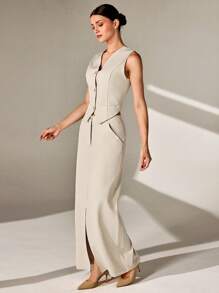 CLARA VERO Conjunto de 2 piezas de chaleco y falda larga para mujer