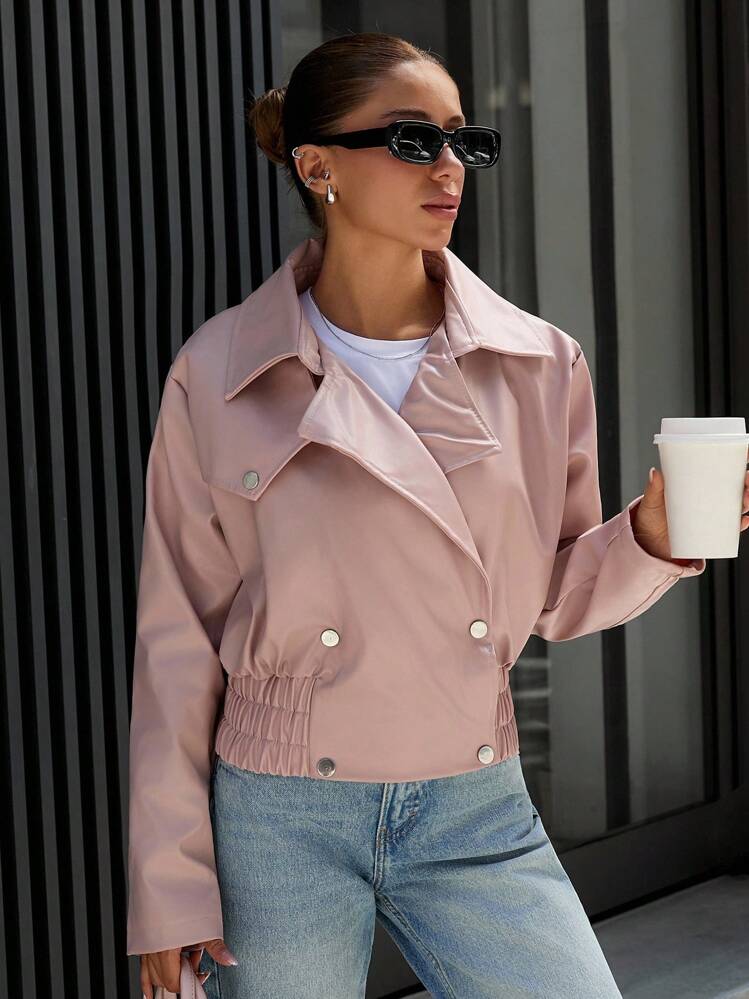 EURMUSE Faux Leather Jacket With Snap Button Front, Pink, Street Style - Pink - View 3