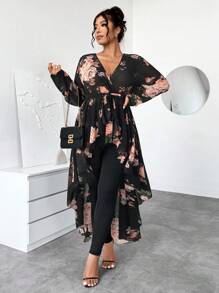 Elenzga 大码女式 2 件套优雅黑色背景大花雪纺长袖 V 领摆束腰上衣和紧身打底裤服装 - 彩色 - 查看 3