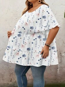 SHEIN CURVE+ 休闲简约大码衬衫，夏季女士夏季衬衫蝴蝶袖上衣花卉夏季上衣大码夏季上衣短袖夏季上衣 - 彩色 - 查看 5