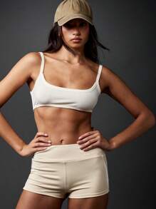 MISSGUIDED Pantalones cortos deportivos mini con pliegues en el trasero, cintura alta, compresión, para correr, yoga, entrenamiento, actividades de estudio, ropa deportiva que absorbe la humedad y se ajusta al Body - Albaricoque - Ver 4