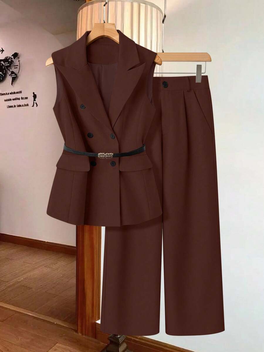 1 件女士优雅无袖两件套（含腰带） - 紫紅色 - 查看 1