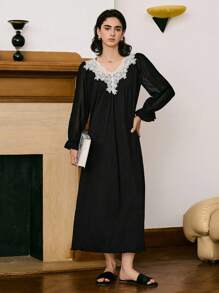 法式优雅撞色蕾丝灯笼袖优雅宫廷风女士睡裙 - 黑色 - 查看 6