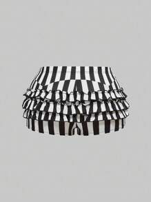 ROMWE EDITION Plus Size Gothic Black & White Striped Ruffle Hem Shorts, Summer