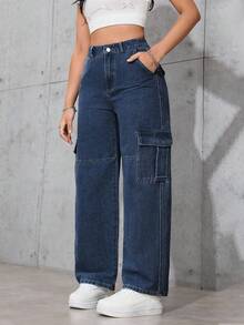 Flirla Casual Washed Straight-Leg Cargo Jeans - Dark Wash - View 4