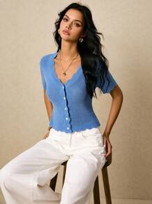 Poéselle Women's Solid Color Arched V-Neck Single-Breasted Short Sleeve Casual Knit Top Fall Tops,Knitted Sweater - Blue - View 7