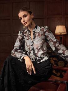 ZEYLAH Blusa transparente con estampado floral - Blanco y Negro - Ver 1