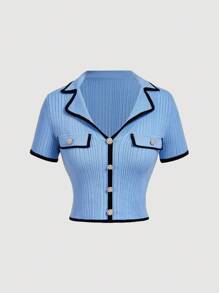 SHEIN MOD Women's Blue Contrast-Color Trim Knitted Shirt & Skirt Set, Vintage Look