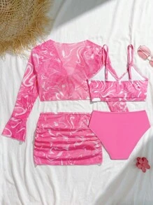 女童渐变波浪印花比基尼套装，4 件套泳衣套装，带罩裙，适合海滩度假，夏季 - 玫紅色 - 查看 2
