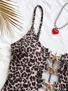 Soleia Women's Classic Leopard Print Sleeveless Romper With Cutout Detail And Metal Starfish Decor, Figure-Flattering, Suitable For Party, Date, Afternoon Tea, Beach, Music Festival, Carnival, Can Be Worn As Outer Or Inner Layer, Fashion Casual Street Holiday Leopard Romper Playsuit,Leopard Print