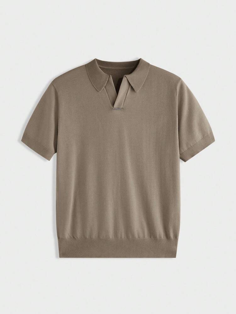 Men's Solid Color Polo Collar Short Sleeve Casual Knit Top, School