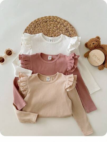 SHEIN BABY GIRL Fashion Cute Exquisite Small Flying Sleeves Ruffles Home 3-Piece Set Casual Solid Color Knitted Long-Sleeved Cap Sleeve Tops, Multi-Color Fashion All-Match Autumn And Winter, Soft Fabrics To Protect The Baby's Skin, Is The First Choice For Mothers To Shop, Buy Two Get One Free Baby Girl Fashion Long-Sleeved Tops Baby Girl Flutter Sleeve Top Baby Girl Long Sleeve Shirt Toddler Flutter Sleeve Top Newborn Girl Long Sleeve Shirt Baby Girl Ribbed Top Fall