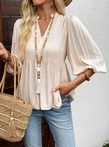 EMERY ROSE Women's Casual Loose 3/4 Sleeve Plain Blouse Puff Sleeve Blouse Cream Blouse V Neck Blouse Lantern Sleeve Blouse Babydoll Blouse Cute Tops Going Out Tops Women Summer Tops Babydoll Top Going Out Tops Basic Tops Fall Tops Going Out Top Babydoll Tops Work Blouses For Women Cute Summer Tops Modest Tops Vacation Tops Going Out Tops Women Summer Tops Babydoll Top Going Out Tops Basic Tops Fall Tops Going Out Top Babydoll Tops Work Blouses For Women Cute Summer Tops Modest Tops Vacation Tops Work Tops - Khaki - View 3