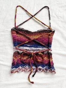 Soleia 复古休闲渐变棕色吊带背心露背系带针织毛衣上衣 - 彩色 - 查看 2