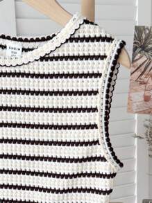 SHEIN Tween Girls Casual Loose Comfortable Striped Round Neck Sleeveless Tank Top And Shorts Set - Black and White - View 4