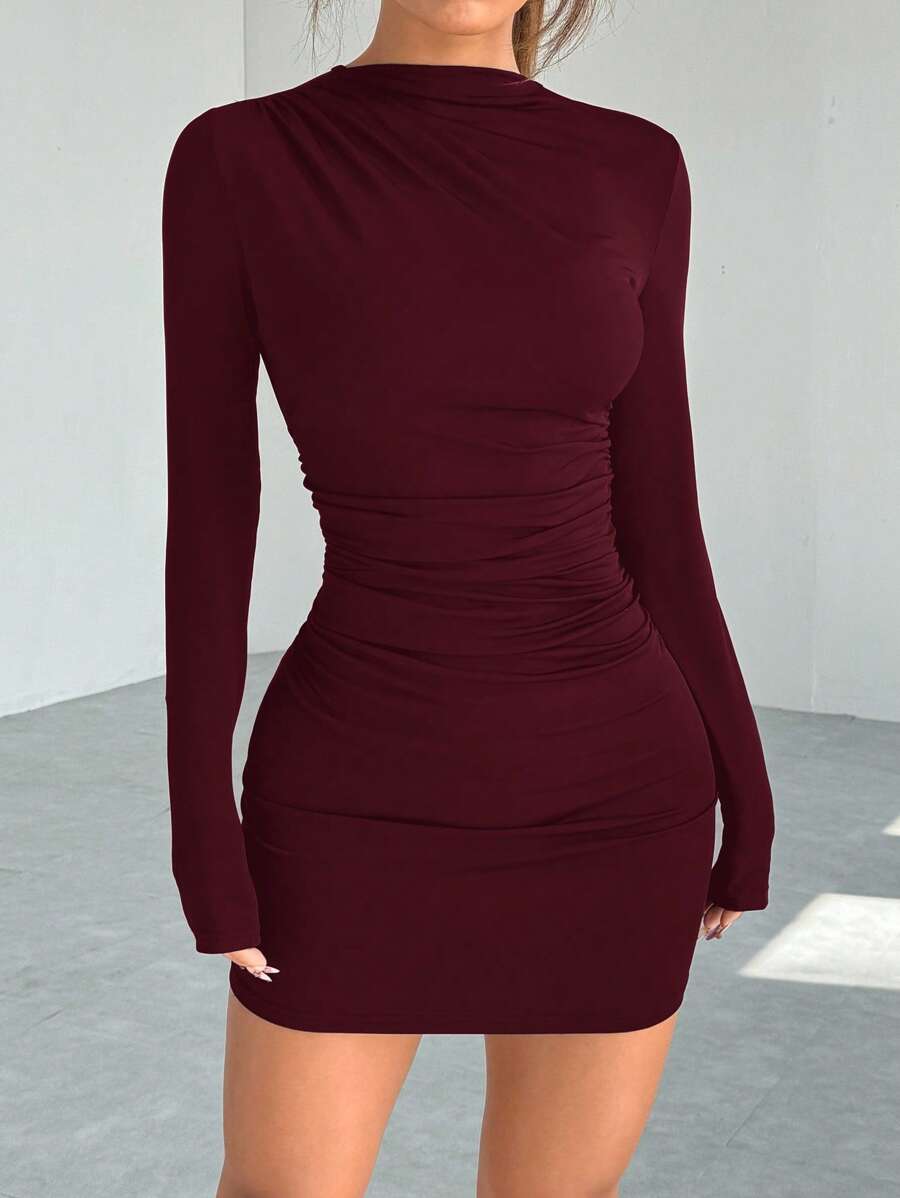 SHEIN EZwear Women's Simple Solid Color Ruched Body-Con Dress, Autumn Sexy Long Sleeve Dresslong Sleeve Claret Dress,Fall - Burgundy - View 1