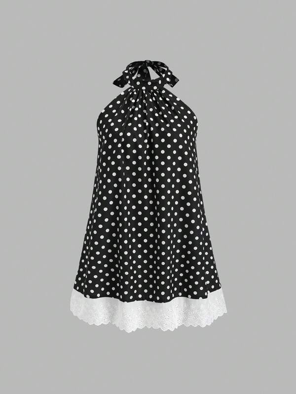 Sweetra Französisches vintage Neck Tie Polka Punkt Patchwork einfaches besticktes Damen Sommer ärmelloses schlank sitzendes dünnes Kleid