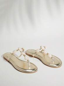 SHUZIA 女士时尚休闲舒适 Thone 平底凉鞋，带宝石装饰 - 朋克时尚、前卫 & - 金色 - 查看 3