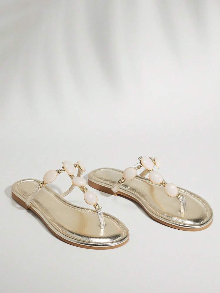 SHUZIA 女士时尚休闲舒适 Thone 平底凉鞋，带宝石装饰 - 朋克时尚、前卫 & - 金色 - 查看 3