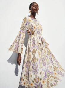 Maija 女式春夏秋装全印花喇叭袖系带连衣裙，度假风格 - 黃色 - 查看 9