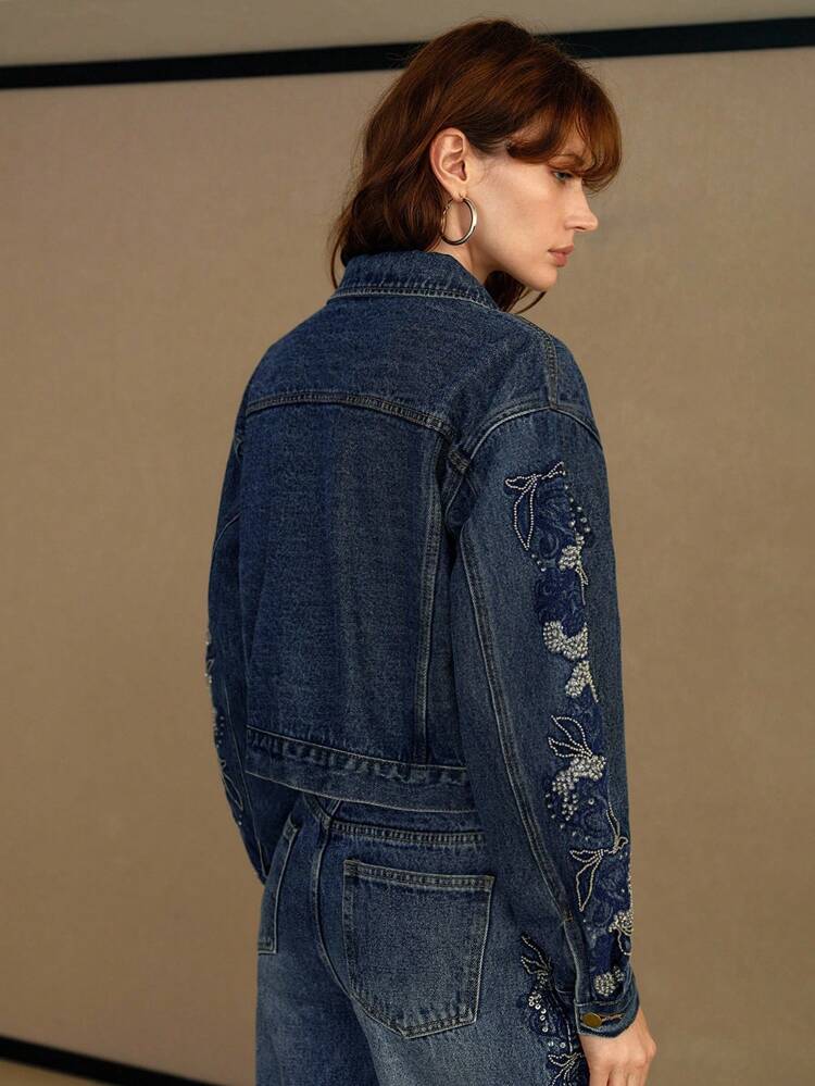 EMBROIDERY RHINESTONE DETAIL DENIM JACKET