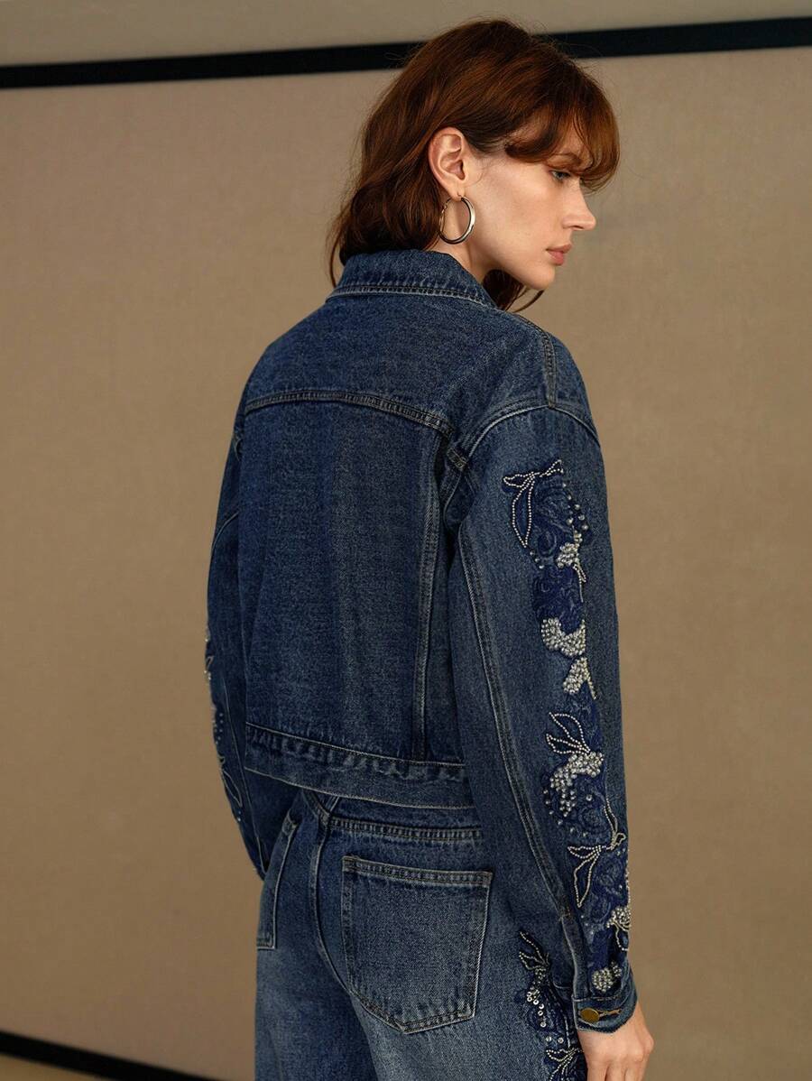 MOTF PREMIUM EMBROIDERY RHINESTONE DETAIL DENIM JACKET - Blue - View 2