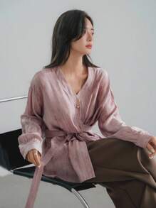 Dazy-Less 女士宽松办公风亚麻扎染印花不对称抽绳长袖衬衫，配扭结，适合春夏秋季穿着，商务休闲女装外出上衣 - 粉色 - 查看 7