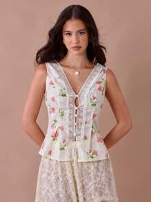 Enchnt 夏季浪漫女式杏色花卉图案撞色蕾丝 V 领单扣无袖时尚上衣，休闲舒适，适合生日、节日派对、甜蜜约会、日常通勤和度假，夏季百搭，音乐会女装 - 白色 - 查看 6