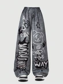 SHEIN Pantalones holgados con estampado de mezclilla sintética para niñas preadolescentes, adecuados para uso casual, vacaciones, estilo callejero y fiestas