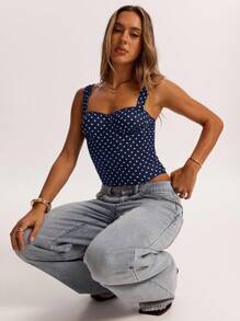 SHEIN BAE Women's Date Night Party Birthday Party Nightclub Holiday Party Elegant Black Polka Dot Print Tank Top, Girlfriends Party, Date, Daily Street Commuting Cute Corset Sexy Top,Halter Top