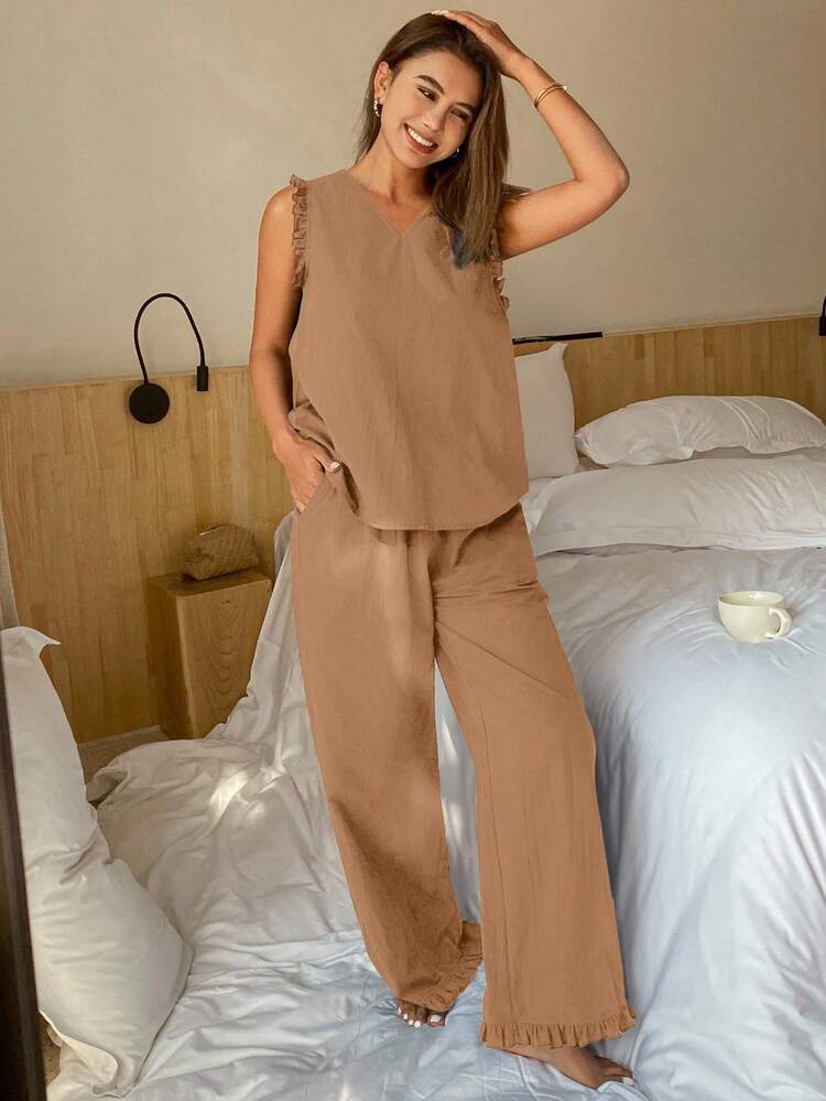 2pcs Solid Color Sleeveless Homewear Set For Women, Outfits Pajama