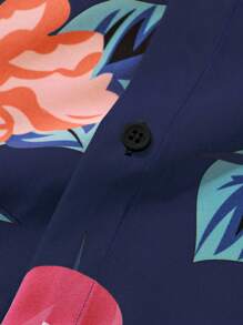 Manfinity RSRT 2 件男士花卉印花纽扣前短袖上衣和短裤套装，休闲，男士两件套服装男士花卉衬衫男士夏威夷印花衬衫男士花衬衫热带男士服装芙蓉衬衫 - 彩色 - 查看 4