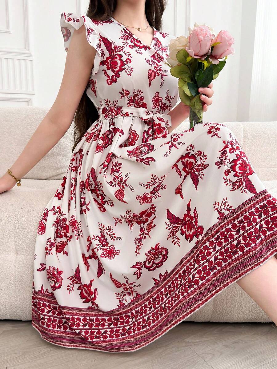 Teen Girls Elegant Vacation Floral Print Ruffle Collar Flutter Sleeve Waist Gathering A-Line Dress, Summer Casual Dress - Hot Pink - View 1