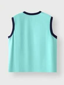 JNSQ 户外专业运动宽松背心，儿童圆领撞色拼接前趣味字母印花户外专业运动宽松背心上衣 - 藍色 - 查看 6