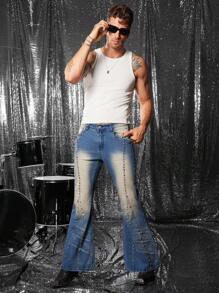 FeverCity 男式铆钉装饰喇叭口袋休闲牛仔裤 - 藍色 - 查看 4