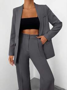 EURMUSE Women's Solid Color Blazer & Pants Suit Set - Dark Grey - View 6