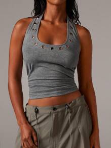 Athîral 女式挂脖铆钉硬质孔眼针织上衣 - 深灰色 - 查看 5