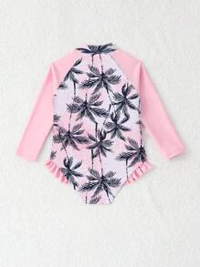 SHEIN Traje de baño de una pieza con estampado de palmeras, mangas largas, cierre y volantes para niñas pequeñas - Multicolor - Ver 2