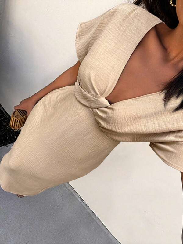Calvaya Plus Size Women Deep V Twist Design Short Sleeve Solid Color Elegant Dress