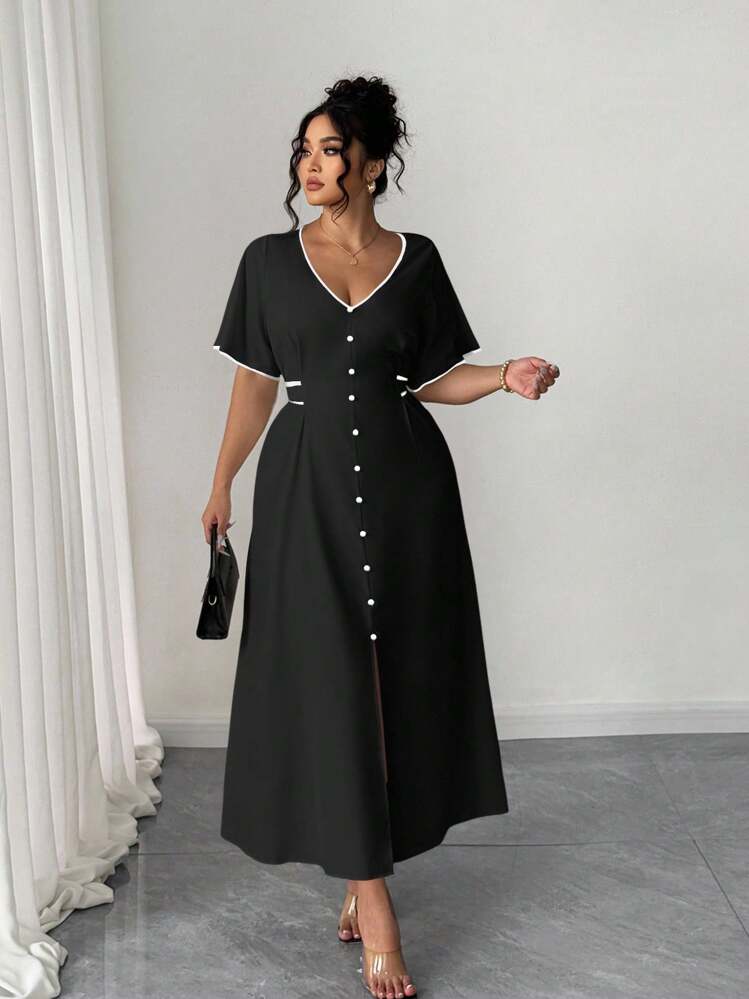 Elenzga Plus Size Women's Elegant Lady Fashion Versatile Casual V-Neck Front Button Cinched Waist Color Block Midi Dress - Black - View 1