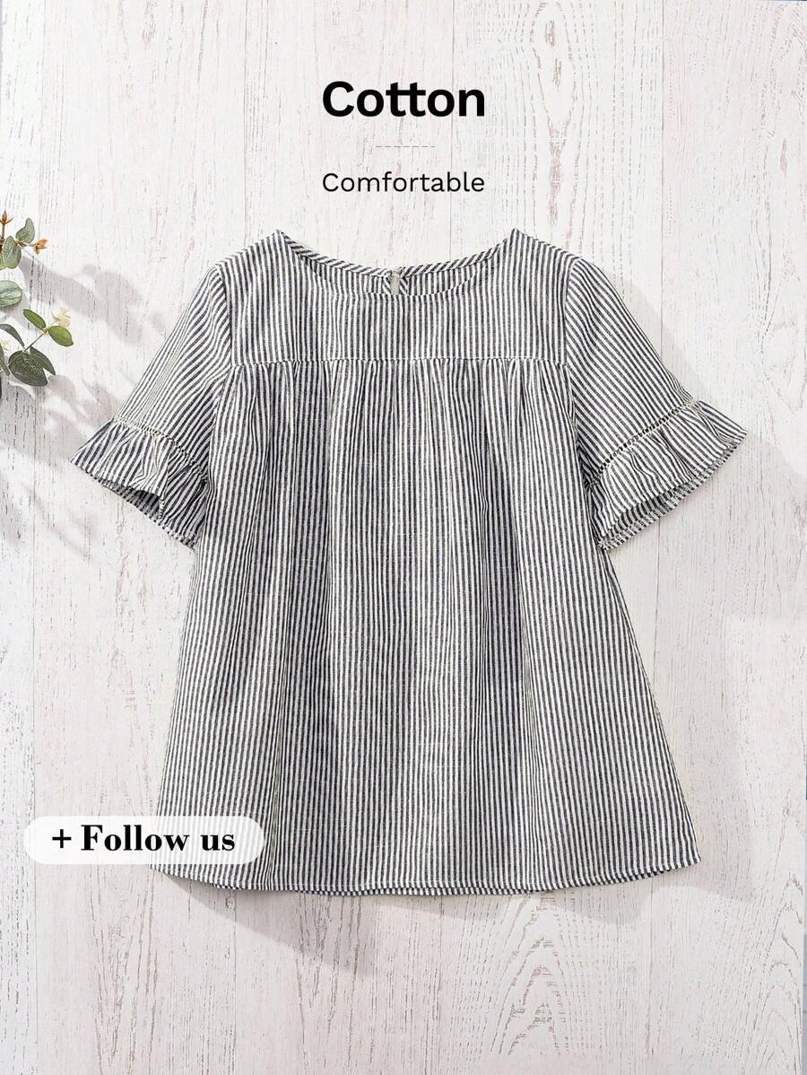 Rusticease Women's Casual Plaid Ruffle Short Sleeve Loose Blouse, Summer Gingham  Plaid Linen Country Outfits Women - Black and White - View 1