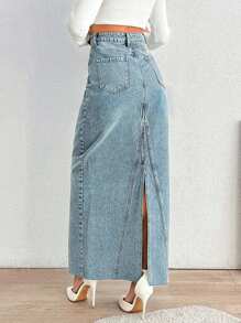 SHEIN Cottnline High Waist Back Slit Denim Skirt Stylish Casual - Medium Wash - View 2
