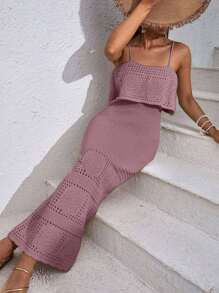 EURMUSE Vacation Casual Solid Color Hollow Out Knit Slip Dress - Dusty Pink - View 7
