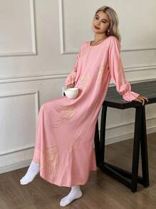 DAZY All-Over Pattern Loose Fit Ruffle Hem Lantern Sleeve Long Nightgown For Women, Fall Pajama - Apricot - View 4