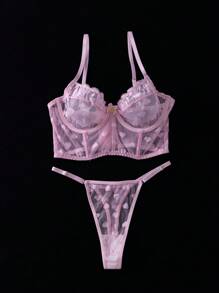 SHEIN 2pcs/Set Heart Mesh Lace Underwire Bra And Thong Panty Set - Pink - View 6