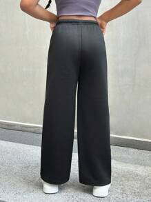 SHEIN 青少年女孩蝴蝶结印花黑色休闲运动裤，时尚百搭，宽松舒适，适合日常穿着的长裤 - 黑色 - 查看 2